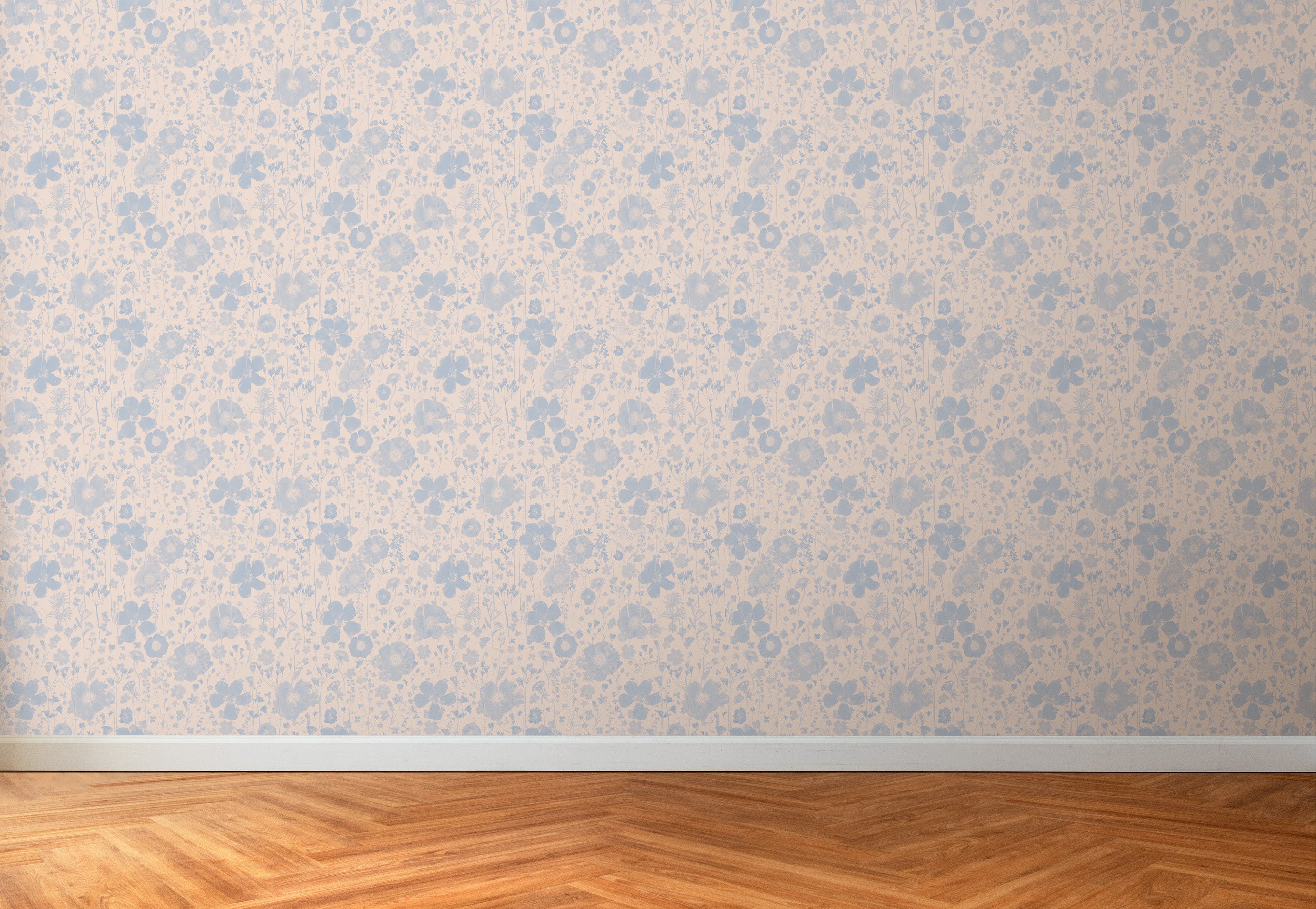 Floral patterned wallpaper with a wooden floor at the bottom