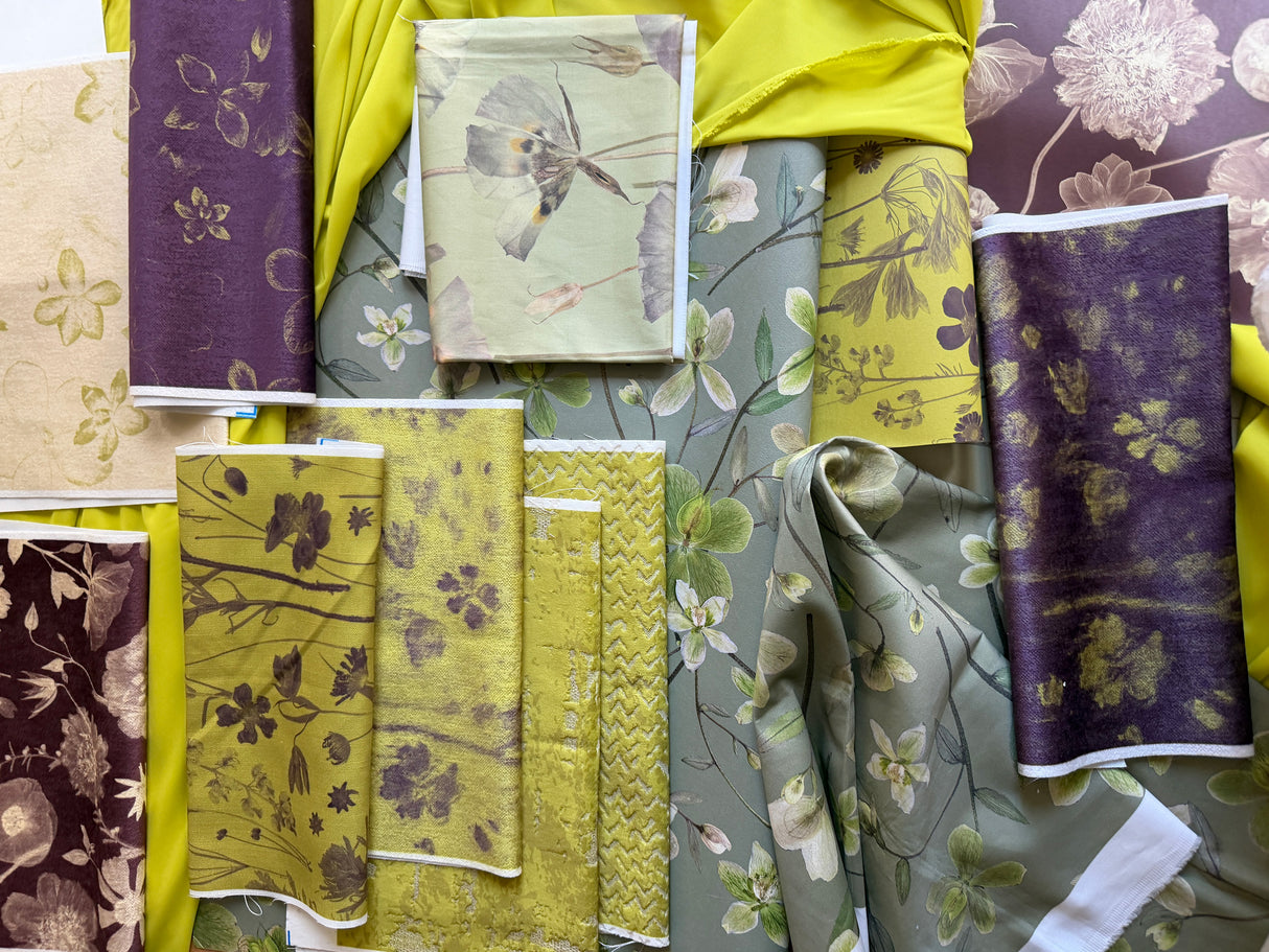 Collection of floral and nature-themed fabric swatches in various colors.