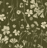 Pattern of white flowers and leaves on a dark green background