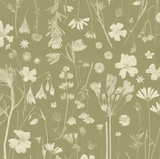 Pattern of white flowers and plants on a green background