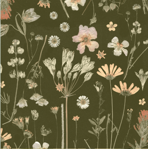 Floral pattern with various flowers on a dark background