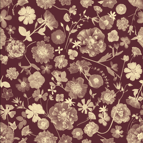 Floral pattern with beige flowers on a dark red background