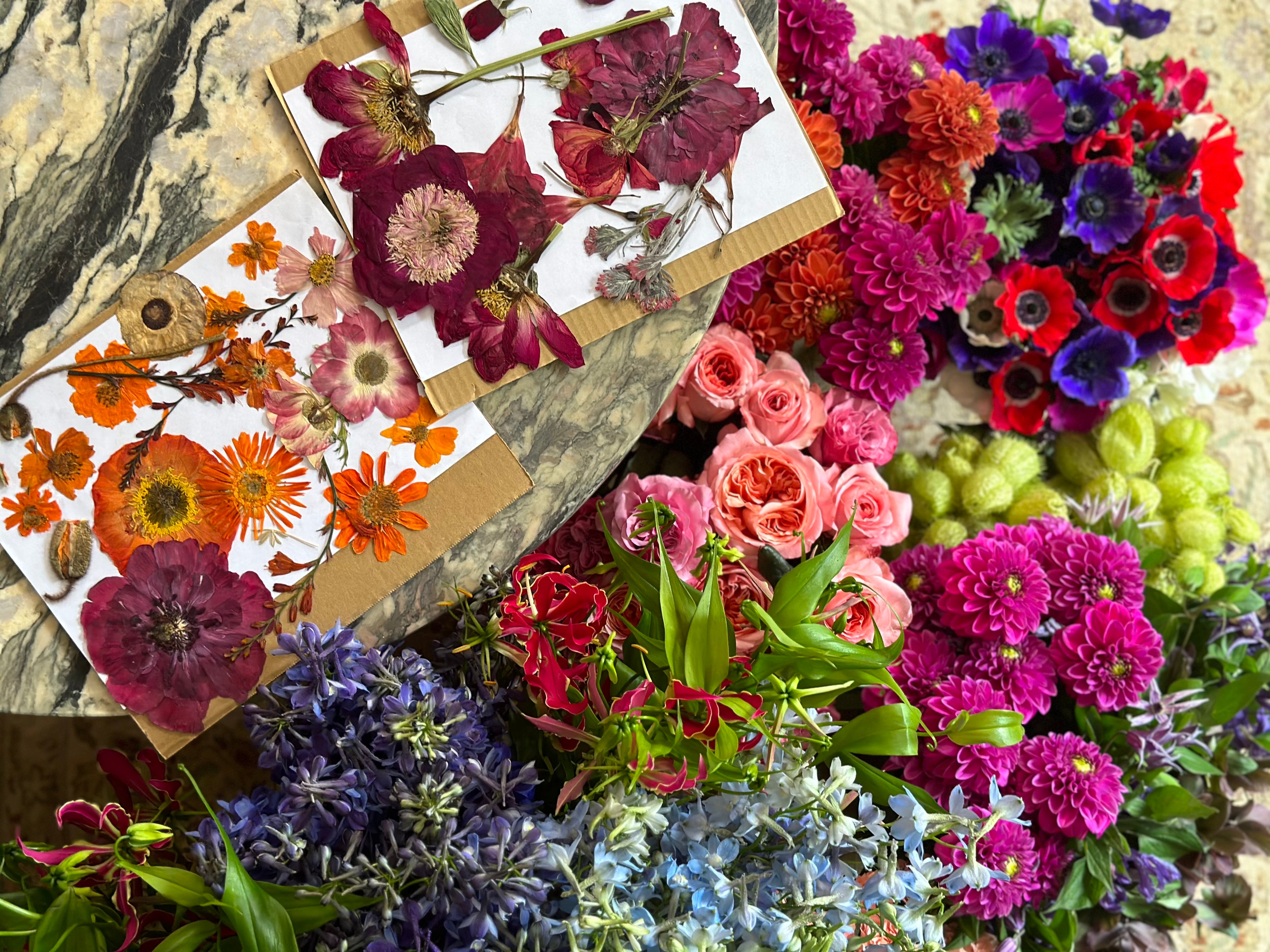 Assorted flowers including pressed flowers and a bouquet on a textured surface.